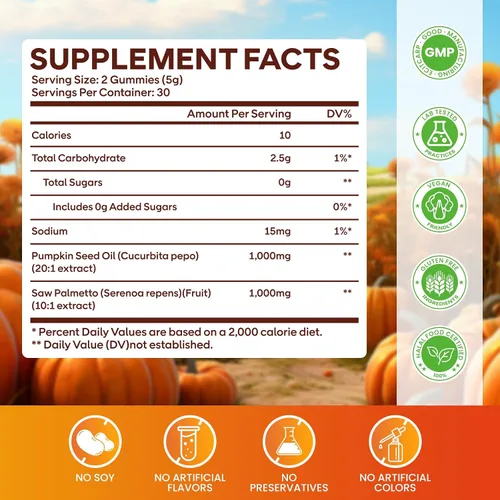 Vista 2 de Gomitas de aceite de semilla de calabaza con palma enana, suplemento de aceite de semilla de calabaza sin azúcar para el crecimiento del cabello