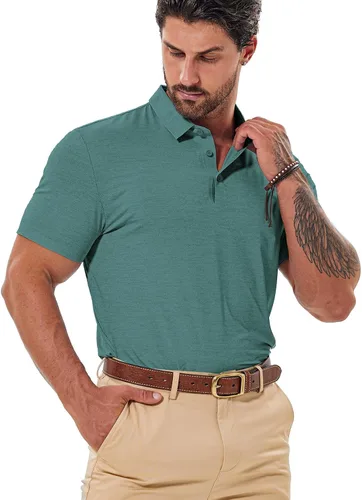 Vista 2 de Camisa de golf Dry Fit para hombre, manga corta, absorbe la humedad, sin costuras, sensación de enfriamiento UPF 40+