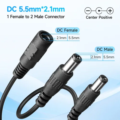 Vista 4 de 2 cables divisores de alimentación de CC de 1 a 2 vías, 1 conector hembra a 2 macho, enchufe de CC de 0.217 in x 0.083 in, adaptador de cable