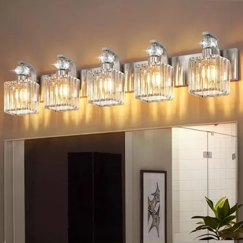 Vista 28 de Lámpara Moderna de Tocador de Baño, Luminarias de Baño de 4 Luces Negro Dorado Sobre Espejo, Aplique de Pared de Cristal de 28.4