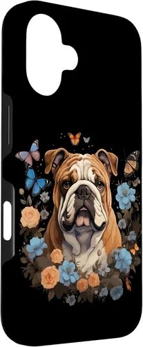 Vista 3 de Funda para iPhone 16 Bulldog Inglés con Flores y Mariposas