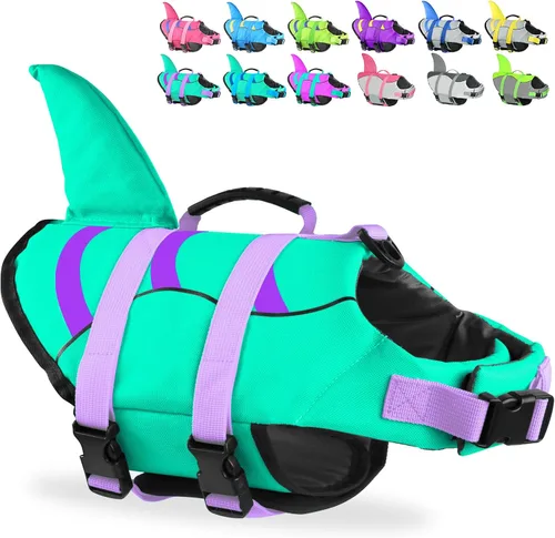 Vista 21 de Chaleco salvavidas para perros de Fragralley Shark, chaleco salvavidas ajustable para perros con aleta de tiburón, adecuado para perros pequeños