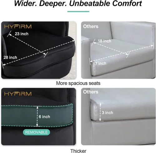 Vista 7 de Hyfirm Silla decorativa moderna negra, sillón giratorio de barril para sala de estar, sillas cómodas de terciopelo con botones, asiento de sofá