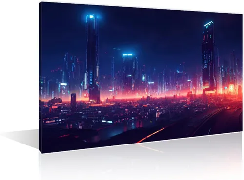 Vista 30 de 1 panel de cuadros de la ciudad de Cyberpunk, arte de pared, representación de vallas publicitarias, edificios modernos en la capital con obras