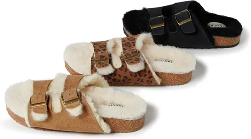 Vista 2 de Dearfoams Women's Fireside Tamworth Shearling Slide Sandal with Cork Footbed and Adjustable Buckles