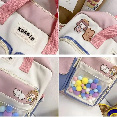 Vista 5 de Mochila Kawaii con dije de peluche, bonita bolsa cruzada estética para mensajero para el regreso a la escuela, suministros para la estación, Azul