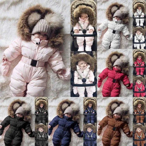 Vista 7 de TBUIALL Mono de invierno para niño, abrigo cálido para bebé, niña, chaqueta con capucha, trajes gruesos para niños, pantalones de nieve para niños