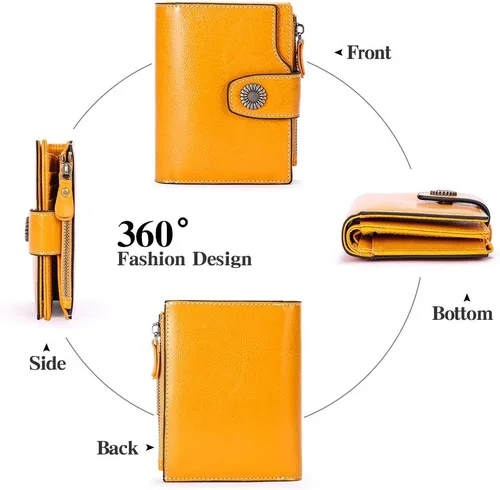Vista 4 de FALAN MULE Cartera pequeña para mujer, de piel, plegable, compacta, pequeña, con bloqueo RFID, amarillo, antiguo (Antique Yellow), Cartera Rfid