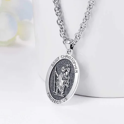 Vista 2 de KINGWHYTE Collar de San MiguelSan Cristóbal de plata de ley S925 con diseño de arángulo, San Miguel Protect EE. UU., joyería para regalo