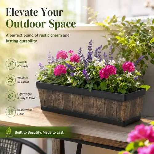 Vista 3 de Gardenised QI004121.L - Maceta rectangular de plástico para exteriores e interiores, maceta para plantar verduras o flores, marrón grande