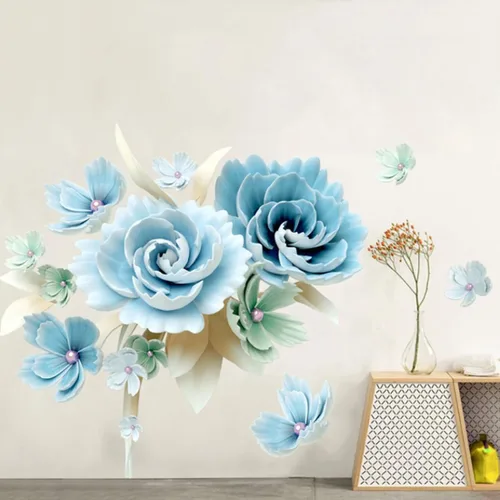 Vista 5 de Calcomanías de pared con diseño floral azul, para despegar y pegar, calcomanías de pared extraíbles para dormitorio, sala de estar, hogar, sofá