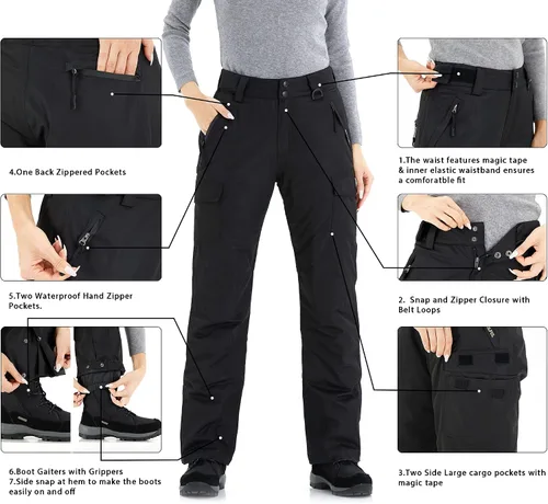 Vista 4 de WULFUL Pantalones de esquí de nieve aislados para mujer, impermeables, para invierno, snowboard, esquí, cargo