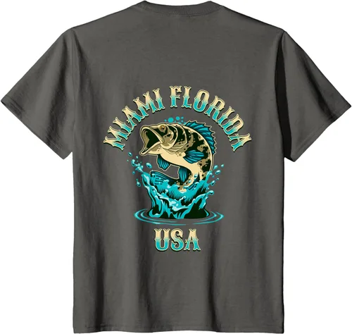 Vista 57 de Camiseta con diseño de pesca en la parte delantera y trasera de Miami Florida USA, Negro