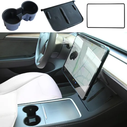 Vista 2 de TOPABYTE - Consola central para accesorios Tesla Modelo Y Modelo 3, 3 unidades, color negro Cup Holder Insert, Screen Edge Protector Frame