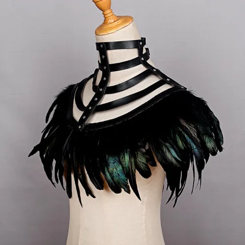 Vista 7 de L'VOW Real Negro Pluma Arnés Collar Collar Collar Babero Halloween