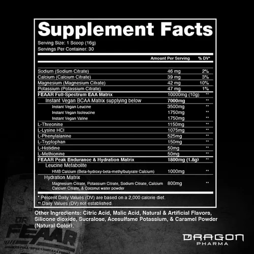 Vista 2 de DRAGON PHARMA Dr. FEAAR® Advanced Full Spectrum EAA Matrix, apoya la síntesis y recuperación de proteínas musculares, capacidad y rendimiento