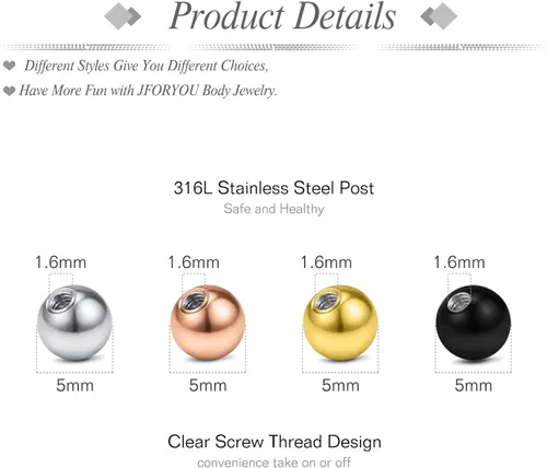 Vista 2 de JFORYOU 14G - Bolas de repuesto para piercing de joyería 18 bolas de acero quirúrgico roscadas externamente barra industrial lengüeta de pezón