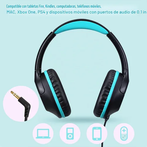 Vista 4 de POWMEE - Auriculares de diadema para niños/adolescentes/escuela con volumen limitado a 94dB, ajustables, estéreo, conector de 3.5mm, cable con Negro