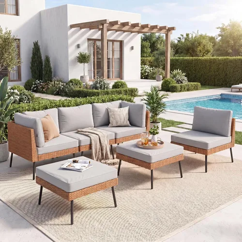 Vista 13 de Aoxun Juego de muebles de patio de 7 piezas con mesa auxiliar, color beige Muebles de mimbre para exteriores con cojines gruesos resistentes al