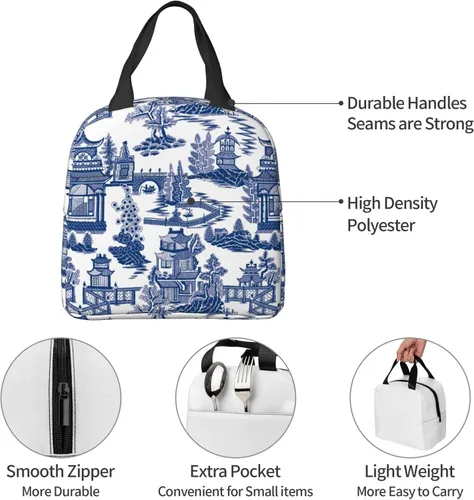 Vista 3 de Blue Willow Ancient Ming Chinoiserie - Bolsa de almuerzo aislada reutilizable, 8.5 x 8 x 5 pulgadas