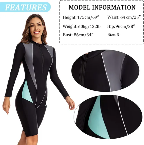 Vista 6 de SEAUR Traje de baño de una pieza de manga larga para mujer, con protección solar, con cremallera, estampado, para surf