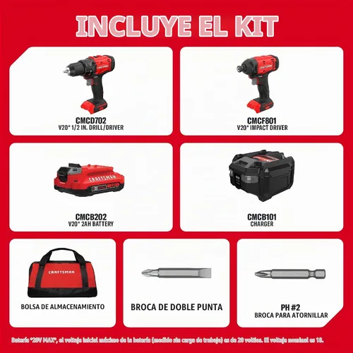 Vista 2 de CRAFTSMAN V20 Cordless Drill Set and Impact Driver, Includes 2Ah Battery and Charger, Power Tool Set with 1700 RPM 1/2 In. Power Drill, 1800 Torque