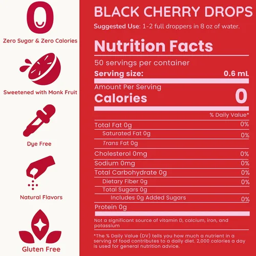 Vista 2 de Allways Drops Potenciador de agua natural de cereza negra Sin azúcar, cero calorías, fruta de monje endulzada Botella de vidrio para hidratación