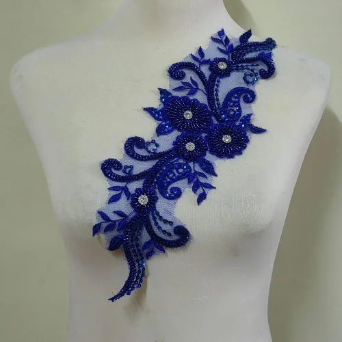 Vista 12 de Apliques de encaje con cuentas 3D Luz Lujo Ropa Collar Ramillete Bordado Accesorios (azul oscuro)
