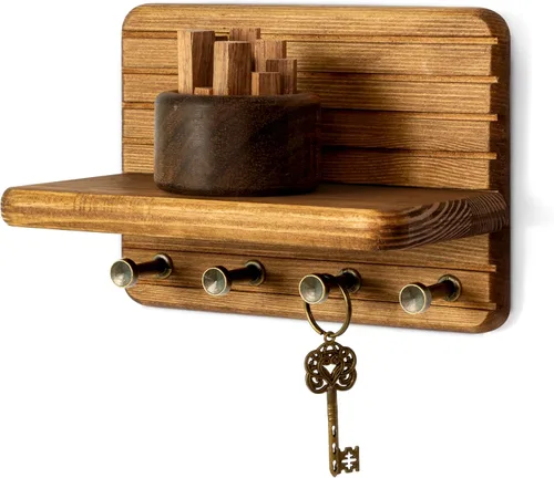 Vista 16 de Rebee Vision Soporte de pared de madera de acacia para decoración del hogar, mini llavero de 7 pulgadas para pared con 4 ganchos resistentes