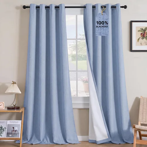 Vista 135 de H.VERSAILTEX Cortinas 100% opacas con aislamiento térmico, texturizadas, de lino, con bloqueo completo de calor y luz, para sala de estar y Negro