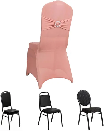 Vista 20 de Efavormart - Funda para silla de banquete de elastano beige con banda de hebilla de diamantes de imitación plateados, funda elástica para silla