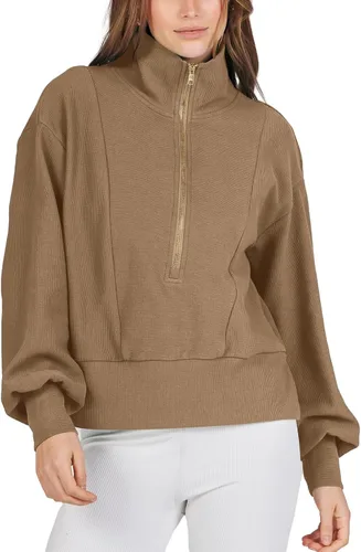 Vista 2 de Bowiln Women's Half Zip Oversized Sweatshirts Loose Lapel Long Sleeve Drop Shoulder Workout Pullover Hoodie Fall Clothes