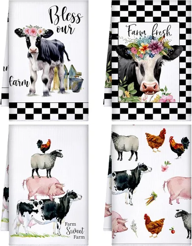 Vista 11 de Geyoga 4 toallas de cocina de pollo, gallo, toallas de mano con animales de granja, vaca, vintage, rústico, paño de té para primavera, Pascua, baño