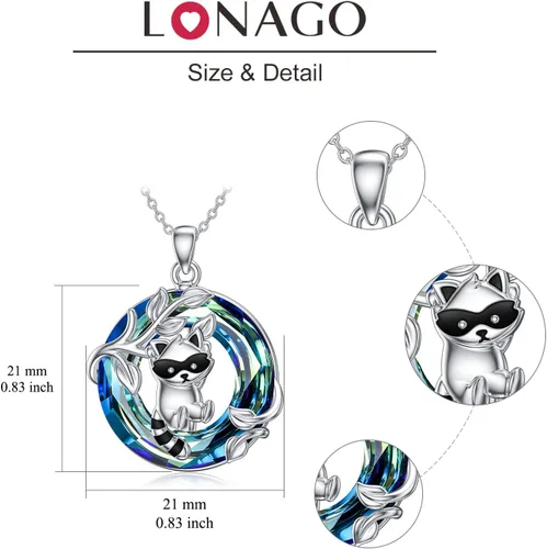 Vista 6 de LONAGO Collar de mapache con cristal azul de Australia, collar con colgante de mapache de plata de ley, regalo para mujer, Plata esterlina, Circonia
