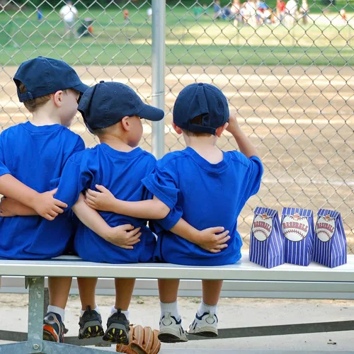 Vista 7 de Outus 30 bolsas de regalo de béisbol, bolsas de papel azules con calcomanías para fiestas temáticas de equipo, decoración de cumpleaños, celebración