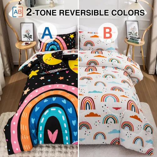 Vista 2 de A Nice Night Juego de ropa de cama de 6 piezas de arcoíris de dibujos animados con luna sonriente impresa para niños y niñas, juegos de edredón