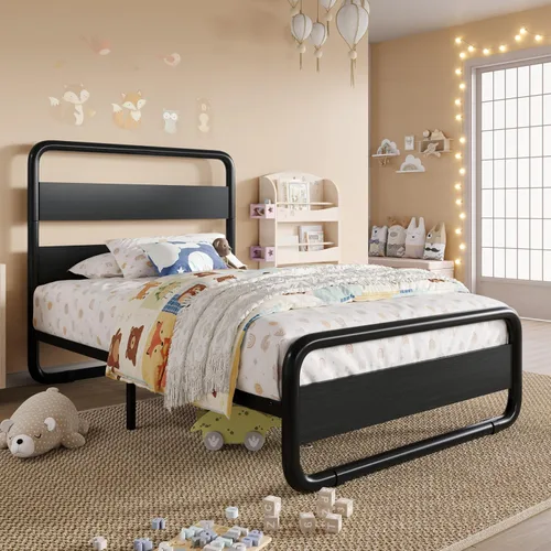 Vista 3 de SHA CERLIN Base de cama de metal de tamaño individual con cabecera y estribo de madera, base de cama de plataforma ovalada resistente