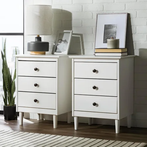 Vista 10 de Walker Edison Myron Modern - Juego de 2 mesitas de noche de madera maciza de 3 cajones, 2 unidades, color caramelo Blanco
