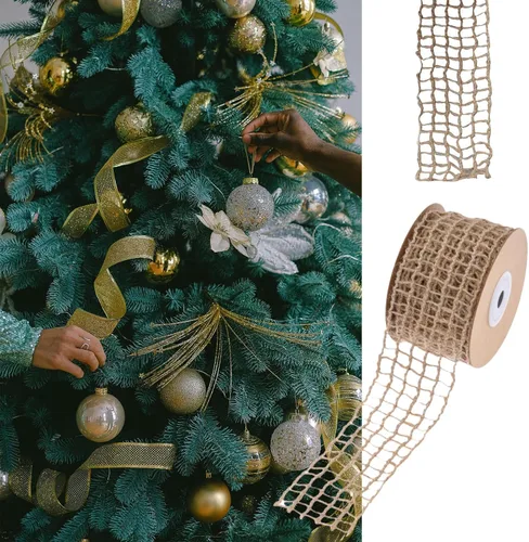 Vista 4 de Cinta de red de arpillera con borde con alambre de 2 pulgadas, malla de yute rústico de 10 yardas para manualidades, decoración de corona, envoltura