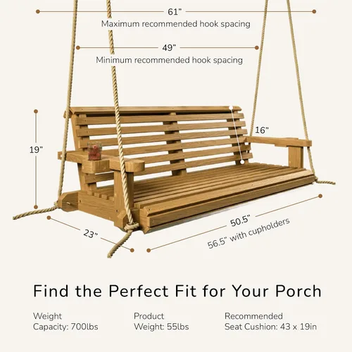 Vista 2 de Porchgate Amish - Columpio para porche con tratamiento cómodo, de 800 libras, con cuerdas (4 pies, abedul)