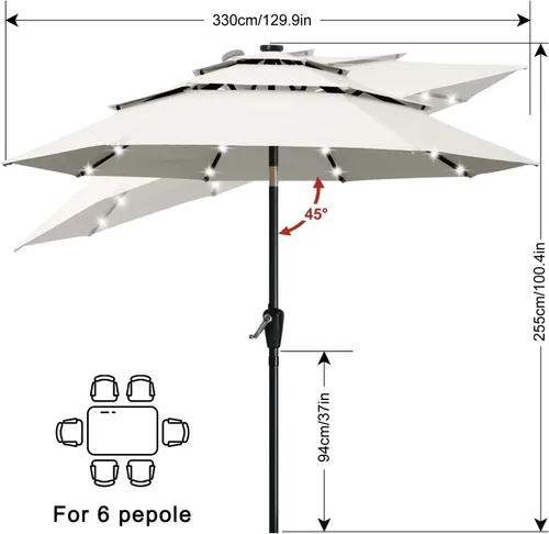 Vista 3 de ABCCANOPY Sombrilla solar de patio de 3 niveles de 11 pies, 32 luces LED Beige