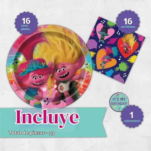 Vista 2 de Trolls - Decoraciones para fiestas de cumpleaños, paquete de 16 platos