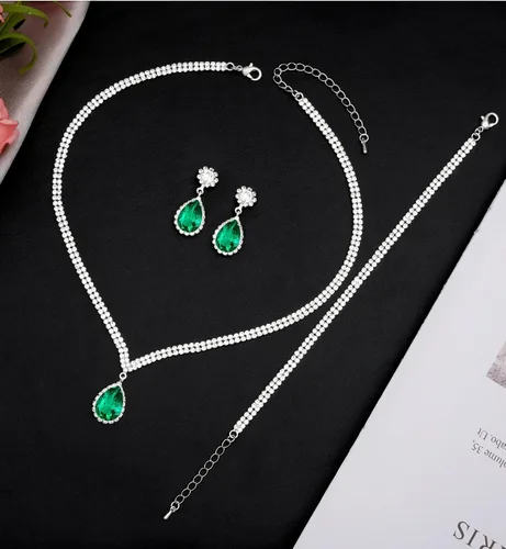 Vista 3 de Elegante collar de cristal plateado para boda, aretes, pulsera, juego de joyería para mujeres, novias, damas de honor, fiesta de graduación