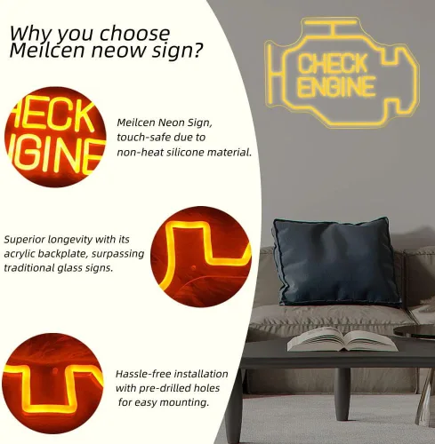 Vista 6 de Letrero de Neón Grande, Letrero de Neón Check Engine Light para Decoración de Pared, Letrero de Neón LED para Taller de Reparación de Autos Garaje