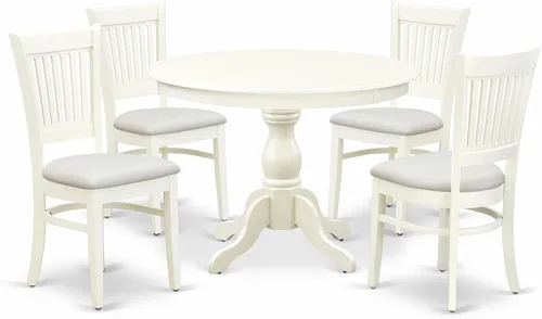 Vista 9 de East West Furniture El juego de 3 piezas Hartland contiene una mesa redonda de comedor con pedestal y 2 sillas tapizadas de tela de lino, 42 x 42
