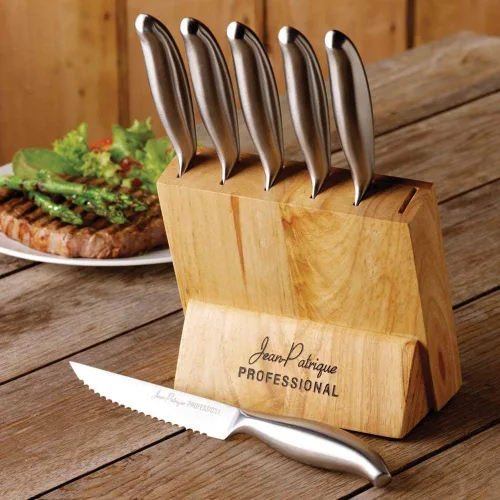 Vista 6 de Jean-Patrique Juego de cuchillos de cocina con bloque – Juego de 6 cuchillos de acero inoxidable con soporte de madera – Aptos para lavavajillas