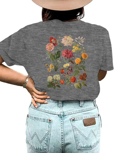 Vista 4 de Camiseta de verano para mujer, talla grande, con diente de león, manga corta, cuello redondo, holgada, casual