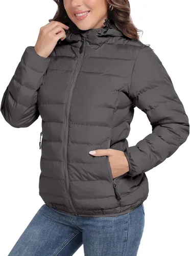Vista 11 de Little Donkey Andy Women's Lightweight Puffer Jacket Hooded Windproof Winter Coat Jaspeado negro mejorado