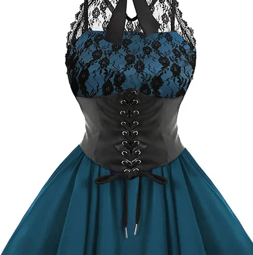 Vista 3 de SHWING Gothic Clothes for Women, Halloween Dresses for Women Sleeveless Gothic Dress with Corset Halter Swing Dress