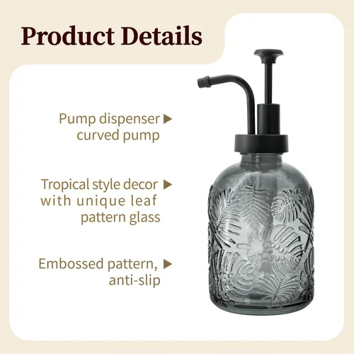 Vista 5 de Dispensador de jabón de vidrio con bomba, patrón de hojas tropicales vintage de 12 onzas, vidrio grueso y plástico, accesorio de baño o cocina
